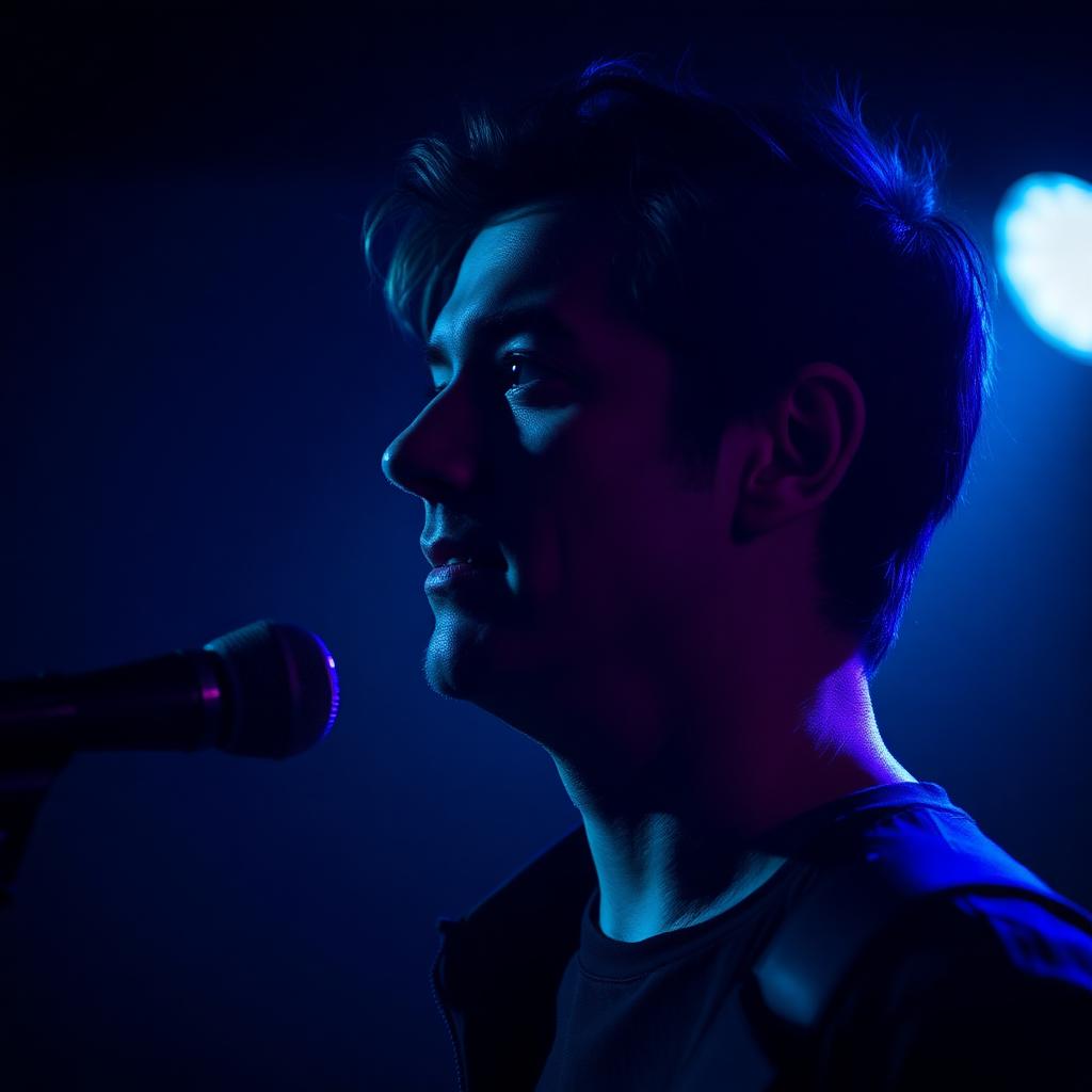 Cinematic low-key portrait of a musician in profile at a microphone under blue and violet stage light