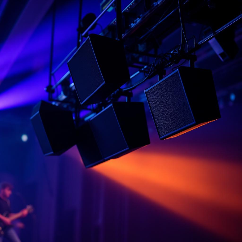 Flown line array PA speakers above a dark concert stage lit in blue and amber