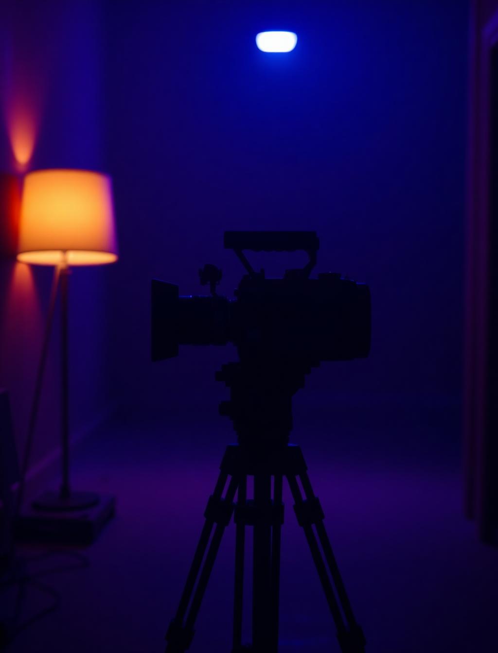 Documentary cover frame: cinema camera on a tripod silhouetted in a dark room lit deep blue with a warm amber lamp