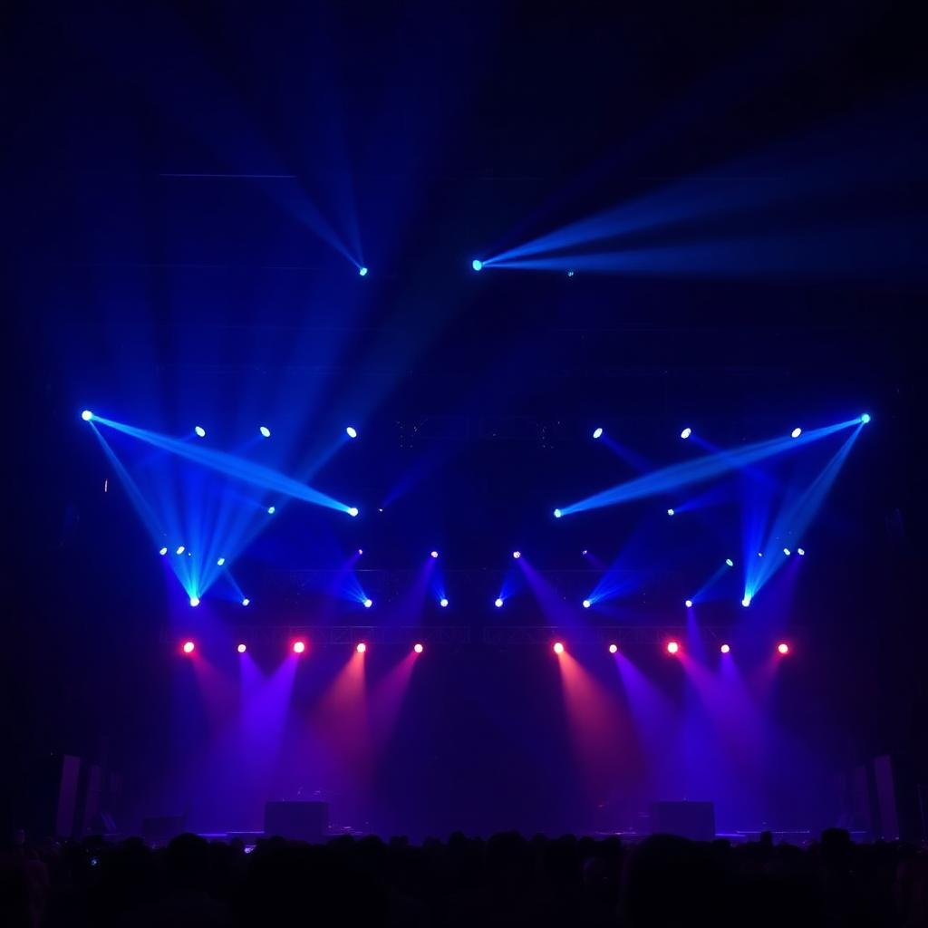 Concert stage lighting rig beaming deep blue and violet light through haze with warm amber accents