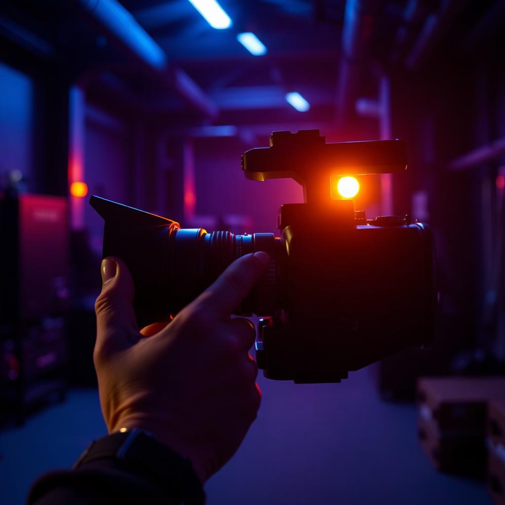 Operator shooting b-roll on a cinema camera in a dark industrial space lit in blue and amber